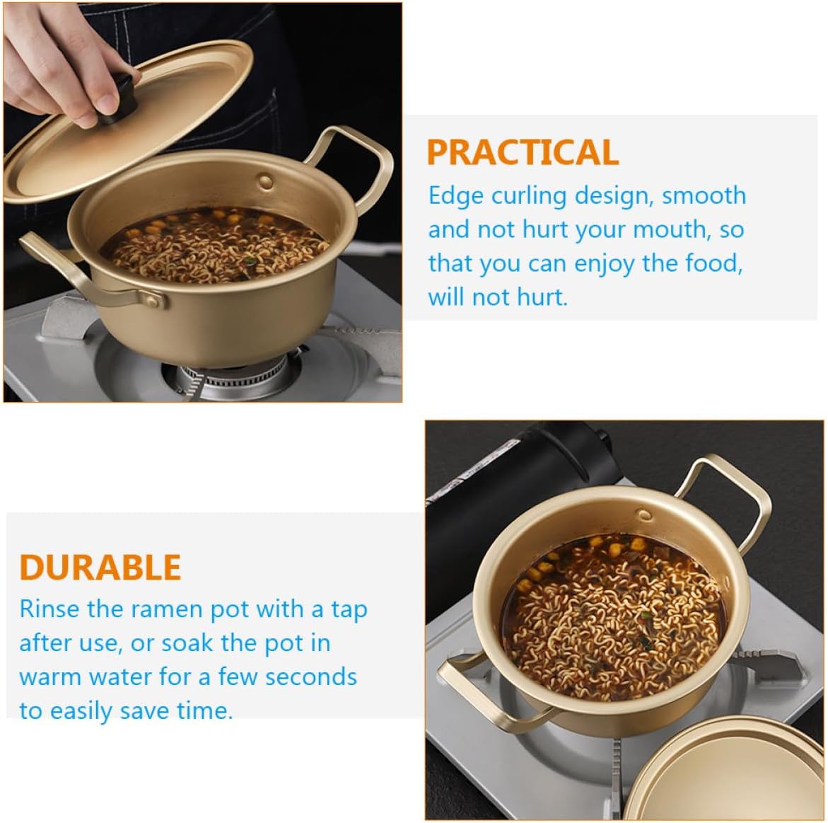 Korean Style 16cm Aluminum Ramen Pot with Lid, Double Handle Instant Noodle Cooking Pot, Lightweight Yellow Aluminum Saucepan for Stovetop Cooking