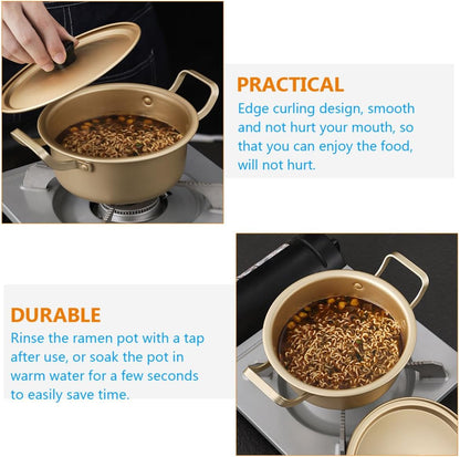 Korean Style 16cm Aluminum Ramen Pot with Lid, Double Handle Instant Noodle Cooking Pot, Lightweight Yellow Aluminum Saucepan for Stovetop Cooking