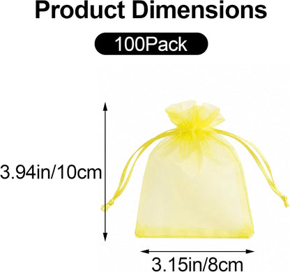 100 Pcs Small Organza Bags with Drawstring, Sheer Mesh Gift Pouches for Jewelry Candy and Dried Flowers, Solid Color 3.15 x 3.94 Inch (Lemon Yellow)