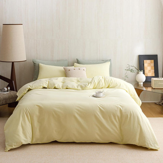 Light Yellow Comforter 100% Washed Cotton Bedding Set with Breathable & Soft Linen Feel King Size Cream Yellow Bedding Comforter Women Girls Vintage Linen Texture Farmhouse Bedroom Decor
