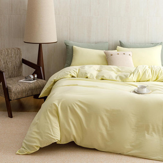 Light Yellow Comforter 100% Washed Cotton Bedding Set with Breathable & Soft Linen Feel King Size Cream Yellow Bedding Comforter Women Girls Vintage Linen Texture Farmhouse Bedroom Decor
