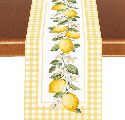 Lemon Table Runner, Watercolor Floral Summer Fruit Yellow Buffalo Plaid Boho Farmhouse Seasonal Coffee Table Center Decor for Home Kitchen Dining Patio Holiday Party Table Decorations 13x36 inches