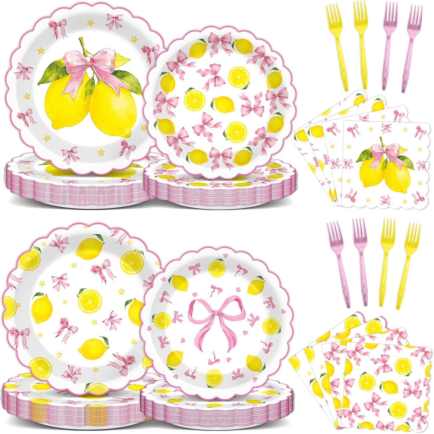 96pcs Pink Bow Lemon Scalloped Plates Napkins Set Lemon Summer Tableware