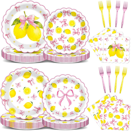96pcs Pink Bow Lemon Scalloped Plates Napkins Set Lemon Summer Tableware