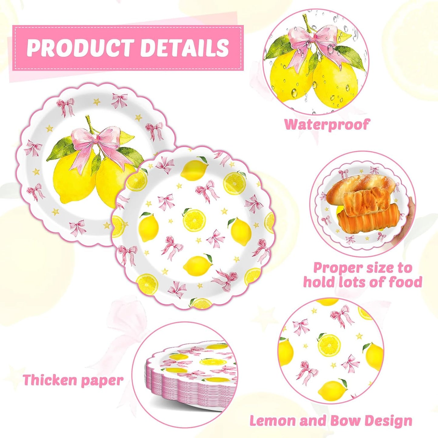 96pcs Pink Bow Lemon Scalloped Plates Napkins Set Lemon Summer Tableware