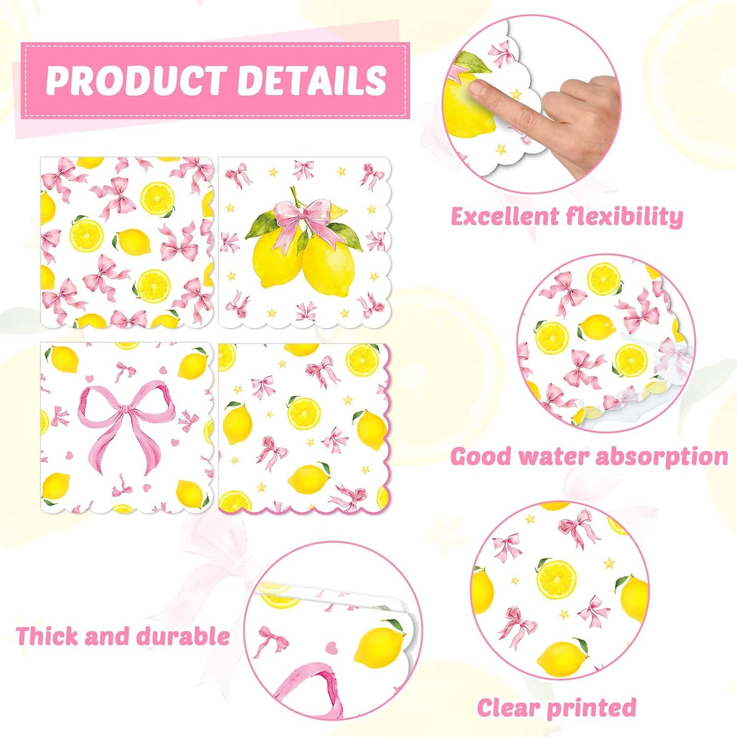 96pcs Pink Bow Lemon Scalloped Plates Napkins Set Lemon Summer Tableware