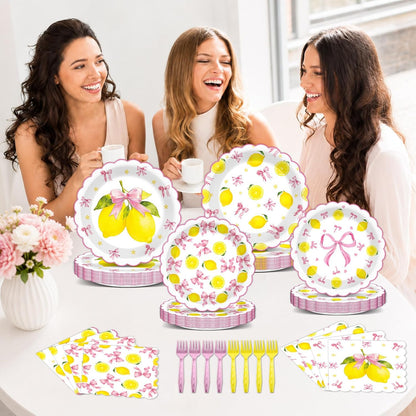 96pcs Pink Bow Lemon Scalloped Plates Napkins Set Lemon Summer Tableware