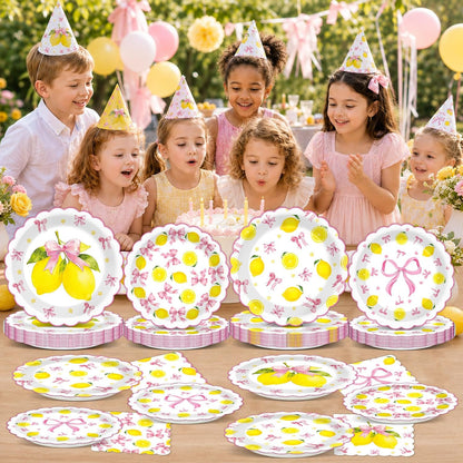 96pcs Pink Bow Lemon Scalloped Plates Napkins Set Lemon Summer Tableware