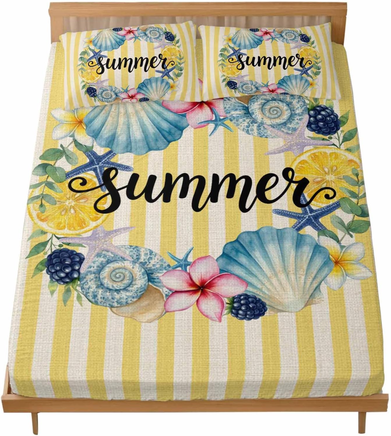 Twin Fitted Sheet, Summer Sea Stars Shells Lemon Soft Brushed Microfiber Deep Pocket Bed Sheets Set, Vintage Yellow Striped Breathable Bottom Sheets with Pillowcase,Fits Mattress Up to 16"