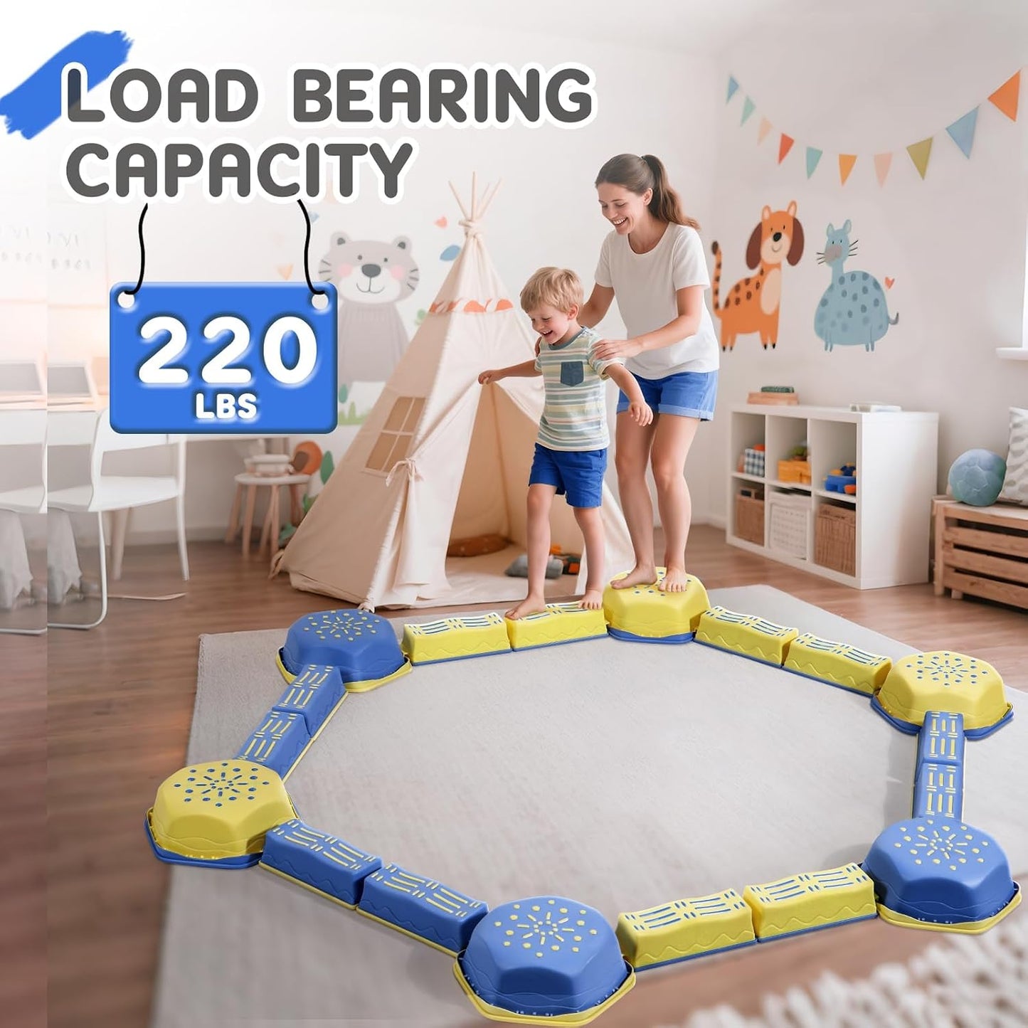 18 Pieces Non-Slip Balance Beam Stepping Stones for Kids 3 Years + Stackable Obstacle Course Balance Board for Toddlers Thicken Plastic Hold up 220LBS Indoor Outdoor Sensory Toy