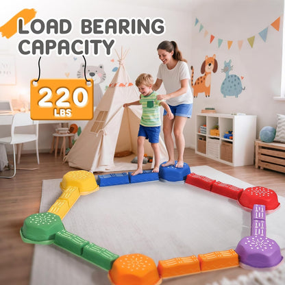 18 Pieces Non-Slip Balance Beam Stepping Stones for Kids 3 Years + Stackable Obstacle Course Balance Board for Toddlers Thicken Plastic Hold up 220LBS Indoor Outdoor Sensory Toy