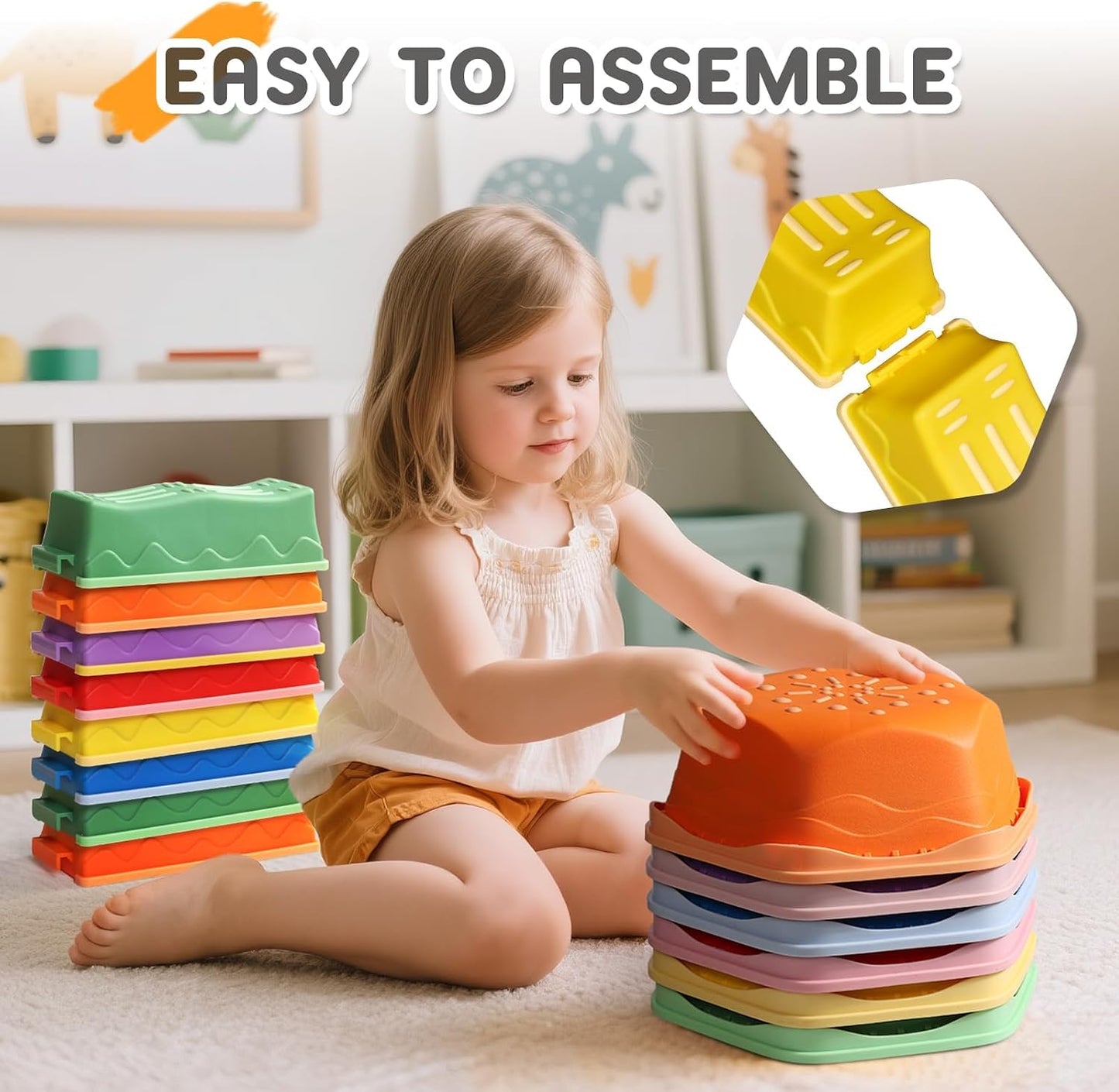 18 Pieces Non-Slip Balance Beam Stepping Stones for Kids 3 Years + Stackable Obstacle Course Balance Board for Toddlers Thicken Plastic Hold up 220LBS Indoor Outdoor Sensory Toy