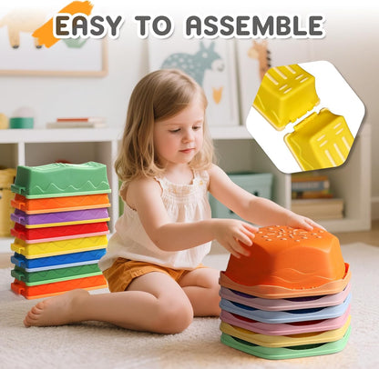18 Pieces Non-Slip Balance Beam Stepping Stones for Kids 3 Years + Stackable Obstacle Course Balance Board for Toddlers Thicken Plastic Hold up 220LBS Indoor Outdoor Sensory Toy