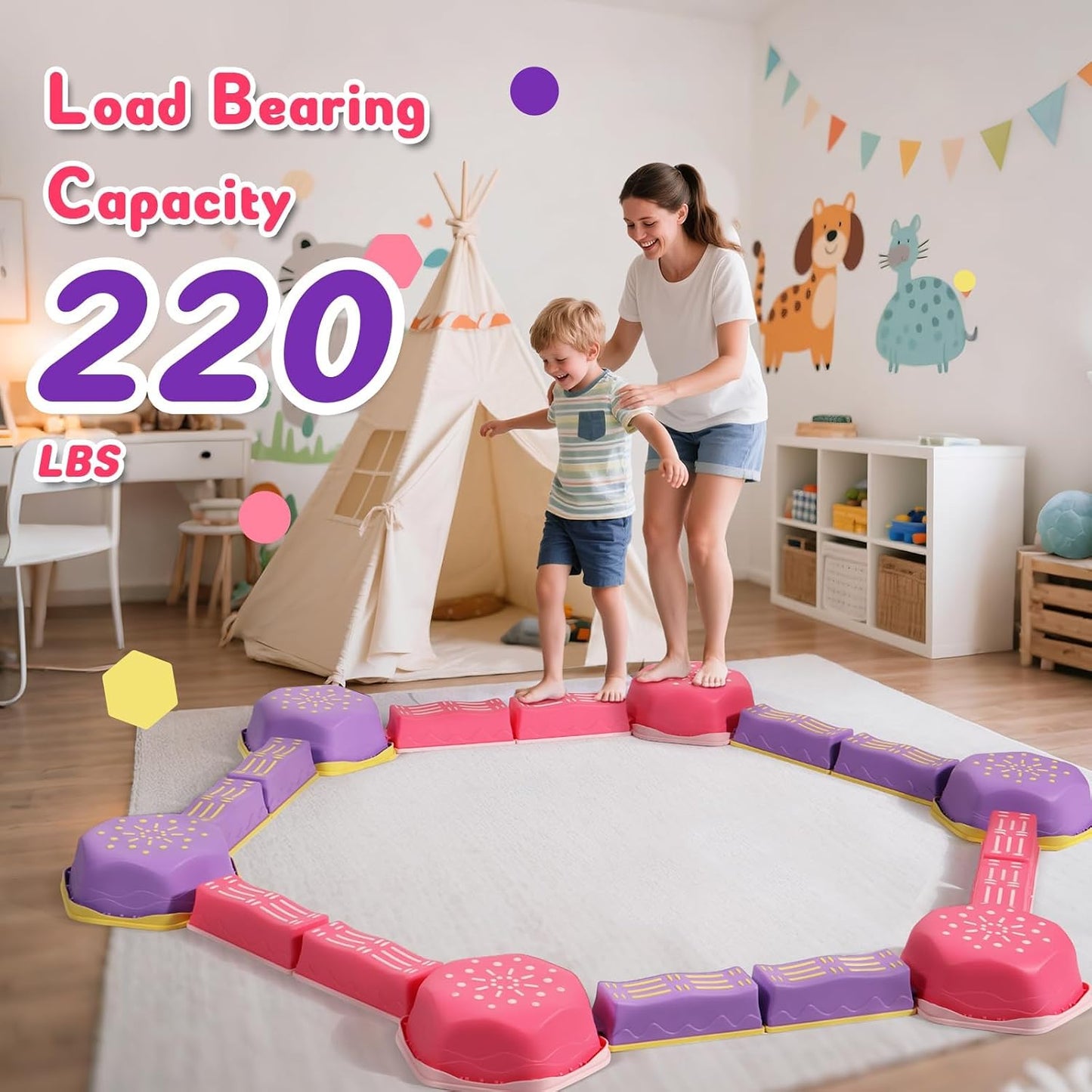 18 Pieces Non-Slip Balance Beam Stepping Stones for Kids 3 Years + Stackable Obstacle Course Balance Board for Toddlers Thicken Plastic Hold up 220LBS Indoor Outdoor Sensory Toy