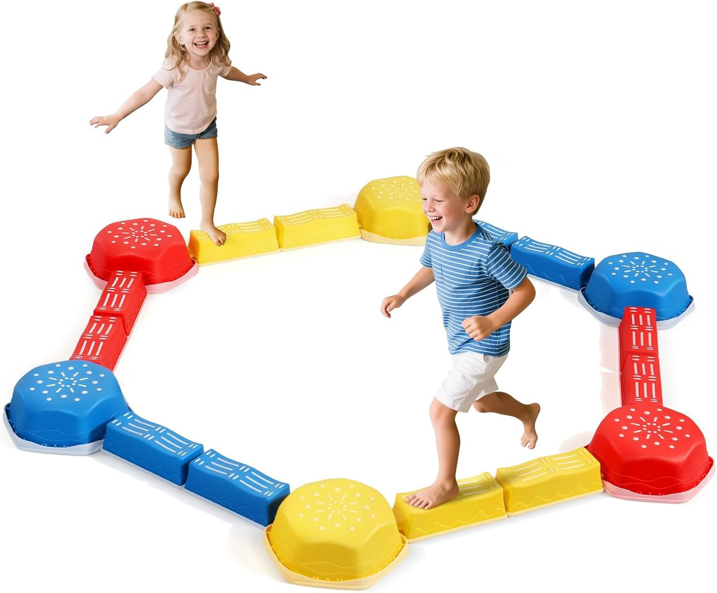 18 Pieces Non-Slip Balance Beam Stepping Stones for Kids 3 Years + Stackable Obstacle Course Balance Board for Toddlers Thicken Plastic Hold up 220LBS Indoor Outdoor Sensory Toy