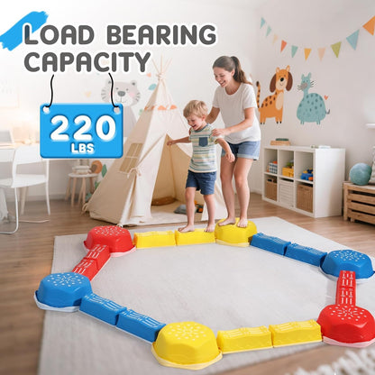18 Pieces Non-Slip Balance Beam Stepping Stones for Kids 3 Years + Stackable Obstacle Course Balance Board for Toddlers Thicken Plastic Hold up 220LBS Indoor Outdoor Sensory Toy