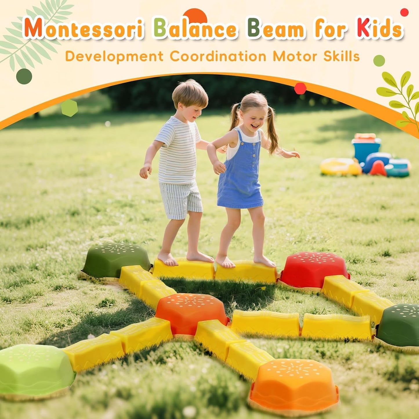 18 Pieces Non-Slip Balance Beam Stepping Stones for Kids 3 Years + Stackable Obstacle Course Balance Board for Toddlers Thicken Plastic Hold up 220LBS Indoor Outdoor Sensory Toy