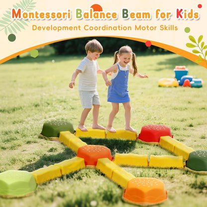 18 Pieces Non-Slip Balance Beam Stepping Stones for Kids 3 Years + Stackable Obstacle Course Balance Board for Toddlers Thicken Plastic Hold up 220LBS Indoor Outdoor Sensory Toy