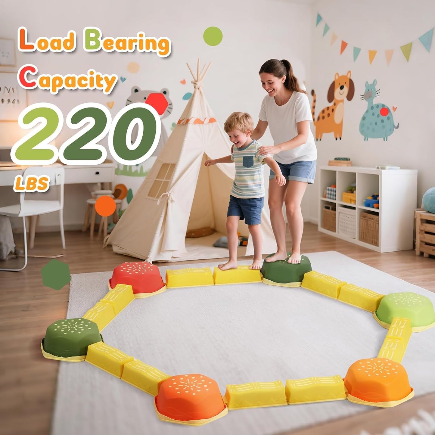 18 Pieces Non-Slip Balance Beam Stepping Stones for Kids 3 Years + Stackable Obstacle Course Balance Board for Toddlers Thicken Plastic Hold up 220LBS Indoor Outdoor Sensory Toy