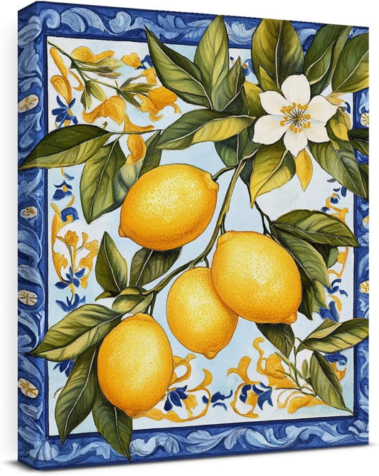 Vintage Lemon Canvas Wall Art Italian Maiolica Tile Lemons Print Poster Framed Picture Painting for Home Living Room Bedroom Decor 8x10 Inch