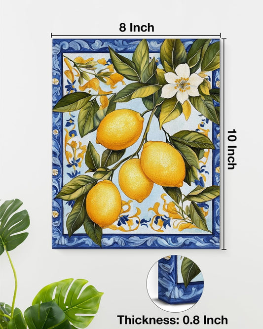 Vintage Lemon Canvas Wall Art Italian Maiolica Tile Lemons Print Poster Framed Picture Painting for Home Living Room Bedroom Decor 8x10 Inch