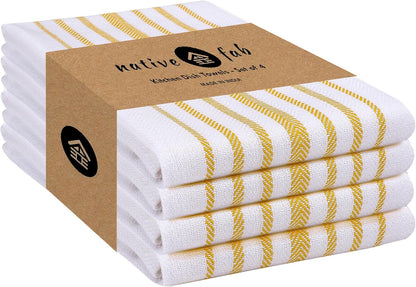 Yellow Stripe Kitchen Dish Towels 16"x26" Set of 4 - Herringbone Weave Scandia Striped 100% Cotton Dish Cloths for Washing Dishes, Absorbent Hand Towels - Yellow White