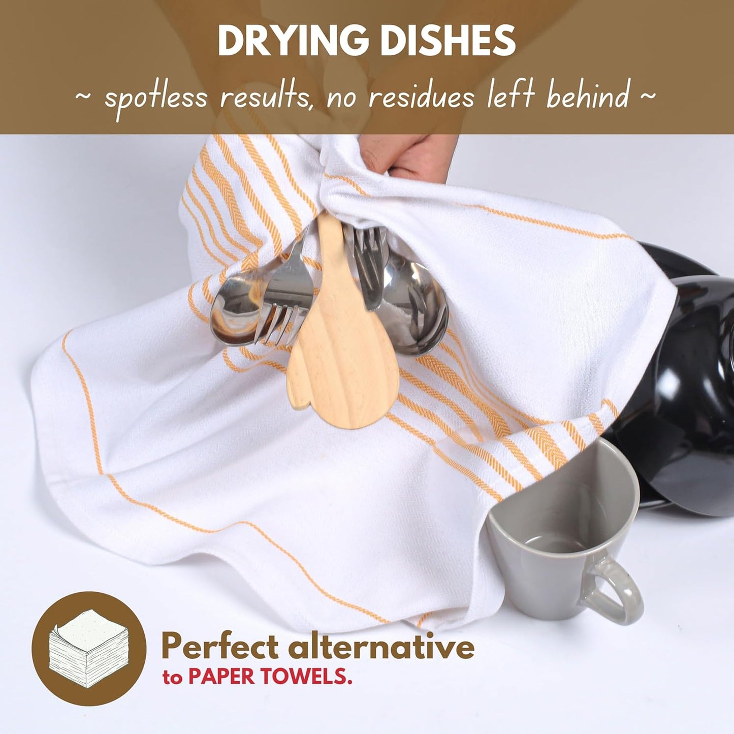Yellow Stripe Kitchen Dish Towels 16"x26" Set of 4 - Herringbone Weave Scandia Striped 100% Cotton Dish Cloths for Washing Dishes, Absorbent Hand Towels - Yellow White