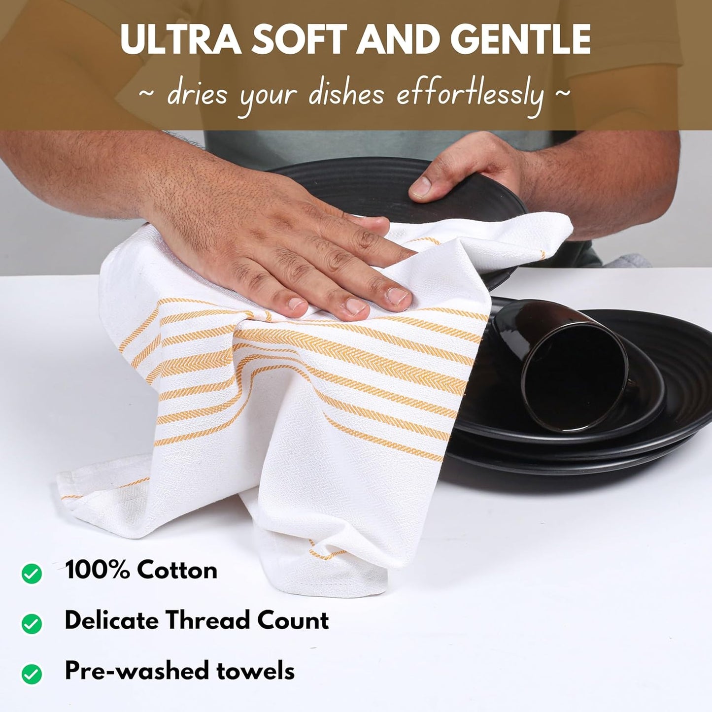 Yellow Stripe Kitchen Dish Towels 16"x26" Set of 4 - Herringbone Weave Scandia Striped 100% Cotton Dish Cloths for Washing Dishes, Absorbent Hand Towels - Yellow White