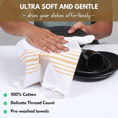 Yellow Stripe Kitchen Dish Towels 16"x26" Set of 4 - Herringbone Weave Scandia Striped 100% Cotton Dish Cloths for Washing Dishes, Absorbent Hand Towels - Yellow White