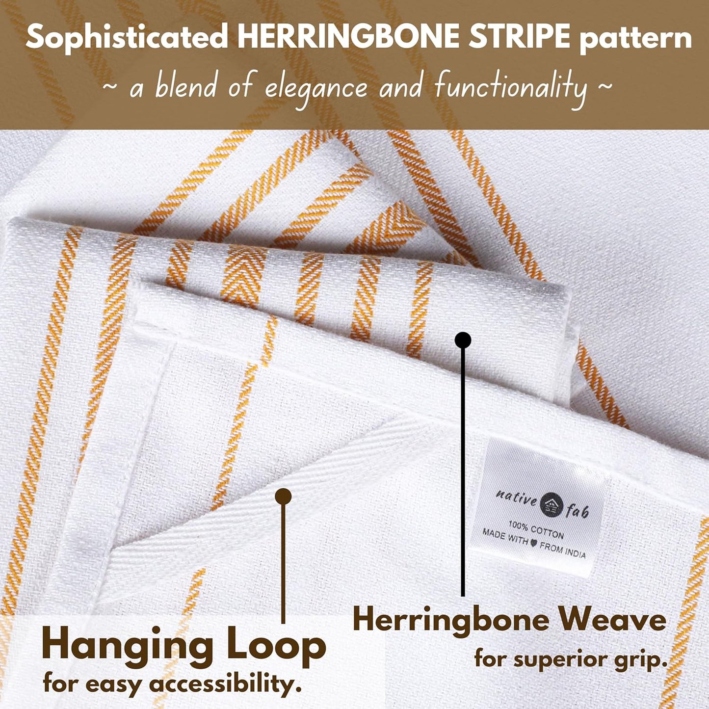Yellow Stripe Kitchen Dish Towels 16"x26" Set of 4 - Herringbone Weave Scandia Striped 100% Cotton Dish Cloths for Washing Dishes, Absorbent Hand Towels - Yellow White