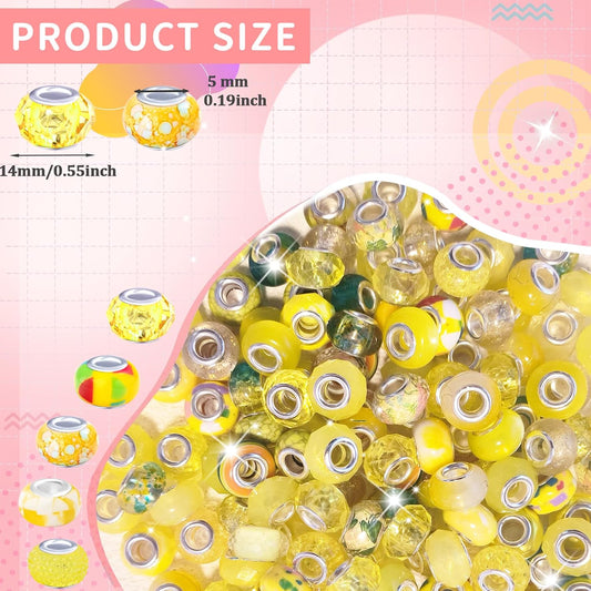 Large Hole European Beads for Pens - 100 Pieces Assorted Yellow Fairy Wand Garden Lampwork Craft Spacer Beads for DIY Charms Bracelet Necklace Decoration Jewelry Making Supplies