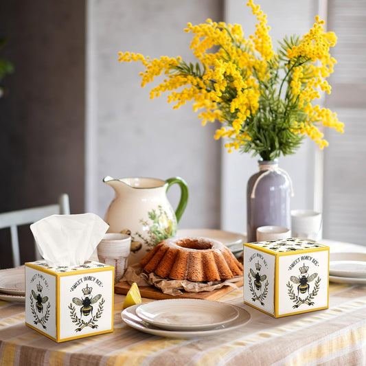 12 Pack Honey Bee Facial Tissues Cube Boxes 3 Ply Square Face Tissues Box Cover Holder for Spring Summer party Home Bathroom Office Car Accessories (Yellow)