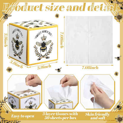 12 Pack Honey Bee Facial Tissues Cube Boxes 3 Ply Square Face Tissues Box Cover Holder for Spring Summer party Home Bathroom Office Car Accessories (Yellow)