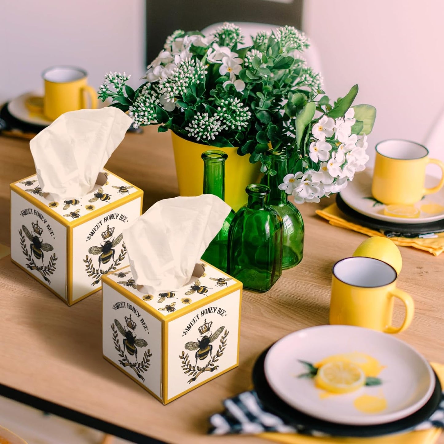 12 Pack Honey Bee Facial Tissues Cube Boxes 3 Ply Square Face Tissues Box Cover Holder for Spring Summer party Home Bathroom Office Car Accessories (Yellow)