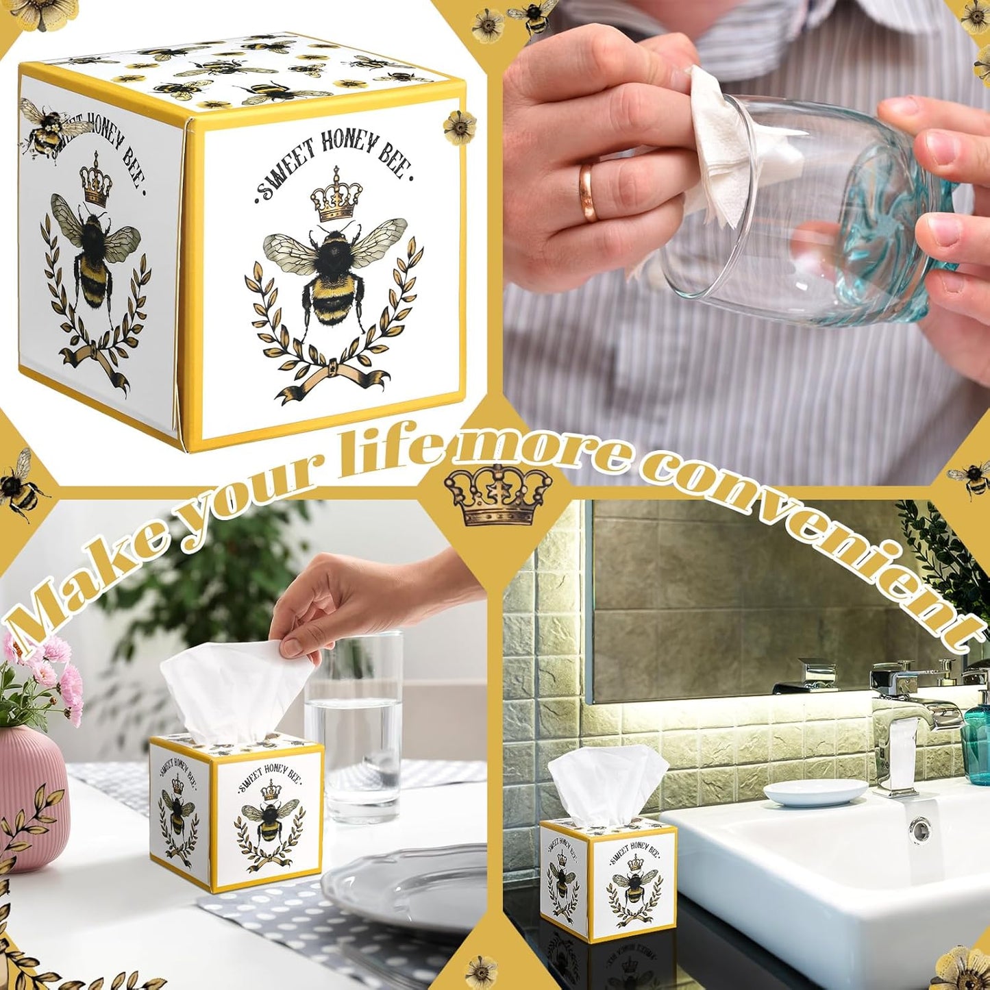 12 Pack Honey Bee Facial Tissues Cube Boxes 3 Ply Square Face Tissues Box Cover Holder for Spring Summer party Home Bathroom Office Car Accessories (Yellow)