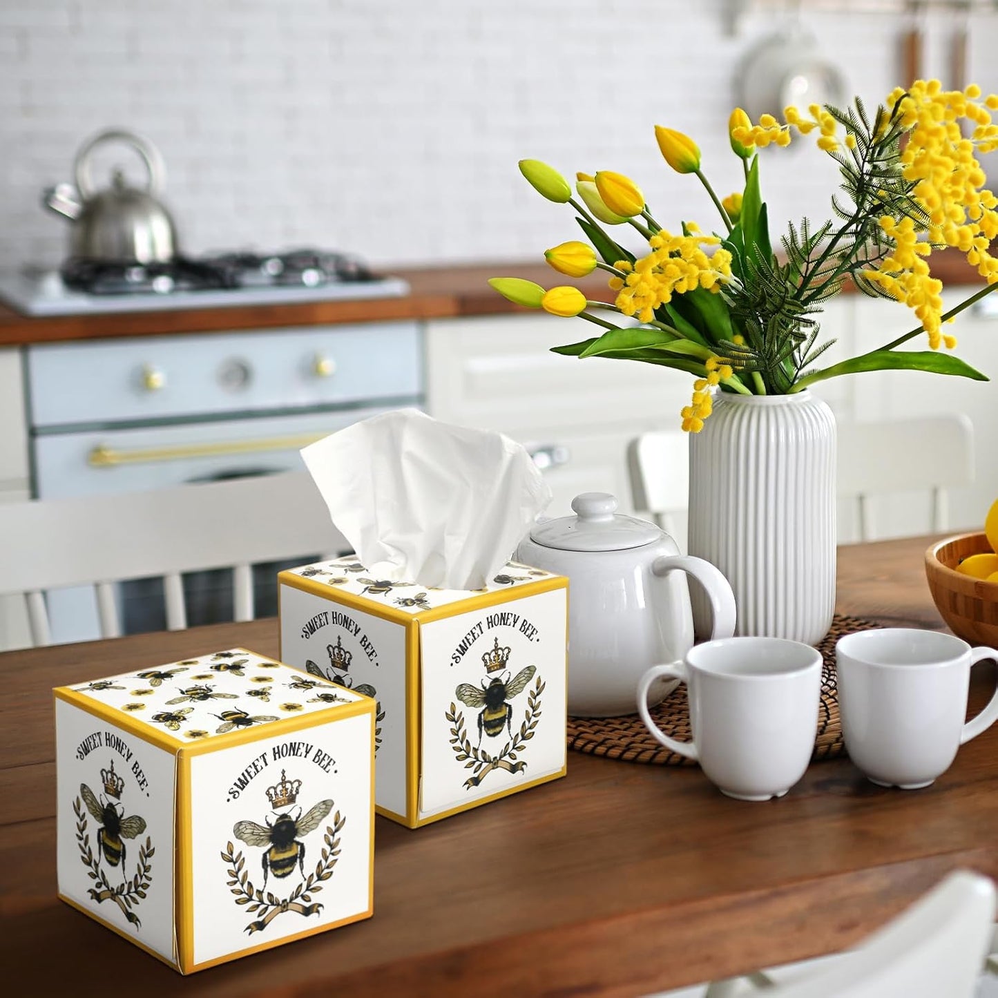 12 Pack Honey Bee Facial Tissues Cube Boxes 3 Ply Square Face Tissues Box Cover Holder for Spring Summer party Home Bathroom Office Car Accessories (Yellow)
