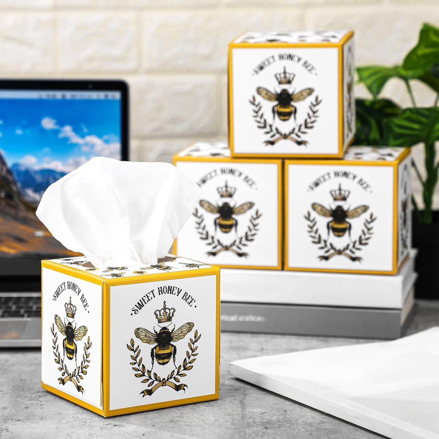 12 Pack Honey Bee Facial Tissues Cube Boxes 3 Ply Square Face Tissues Box Cover Holder for Spring Summer party Home Bathroom Office Car Accessories (Yellow)