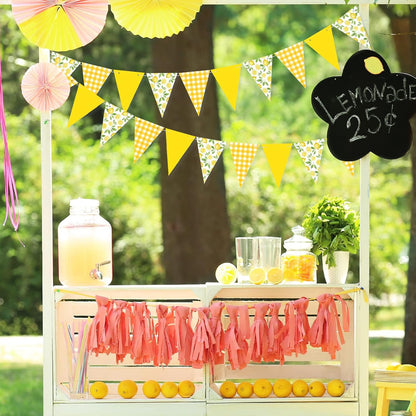 2 Pcs Lemon Party Decorations Yellow Plaid Floral Lemon Banner Bunting Hanging Triangle Garland Streamer for Wedding Bridal Shower Engagement Bachelorette Baby Shower Birthday Party Supplies