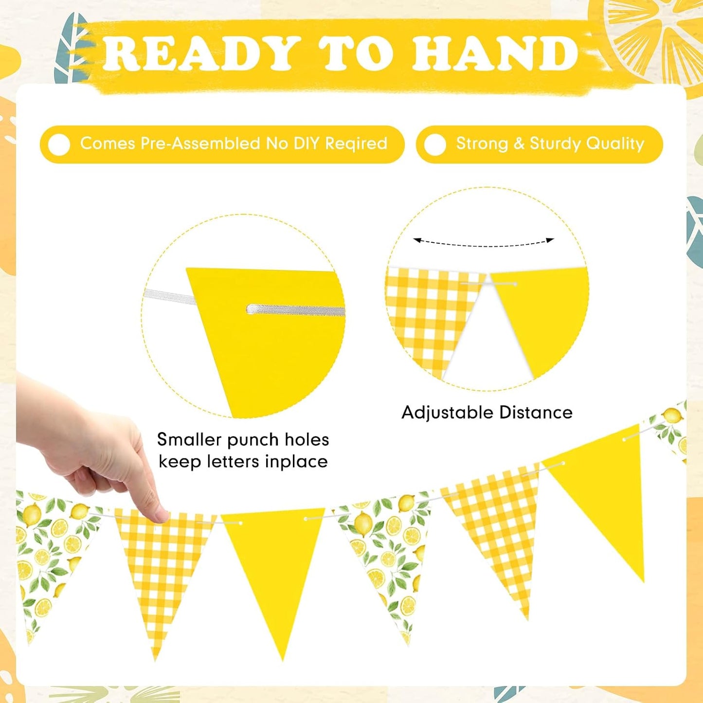 2 Pcs Lemon Party Decorations Yellow Plaid Floral Lemon Banner Bunting Hanging Triangle Garland Streamer for Wedding Bridal Shower Engagement Bachelorette Baby Shower Birthday Party Supplies