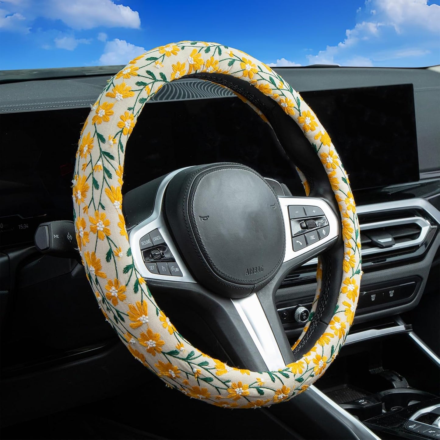 Embroidered Flowers Cute Yellow Daisy Steering Wheel Cover Auto Anti-Slip Breathable Rubber Steering Wheel Protector,Floral Car Accessories for Women,Universal Size Fit Most Cars -15 inch