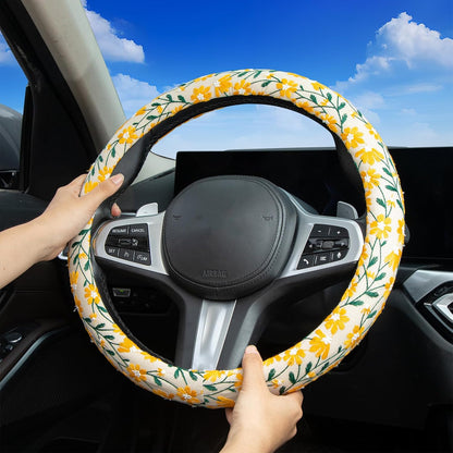 Embroidered Flowers Cute Yellow Daisy Steering Wheel Cover Auto Anti-Slip Breathable Rubber Steering Wheel Protector,Floral Car Accessories for Women,Universal Size Fit Most Cars -15 inch