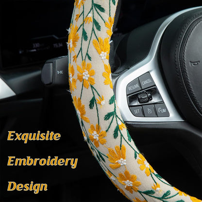 Embroidered Flowers Cute Yellow Daisy Steering Wheel Cover Auto Anti-Slip Breathable Rubber Steering Wheel Protector,Floral Car Accessories for Women,Universal Size Fit Most Cars -15 inch