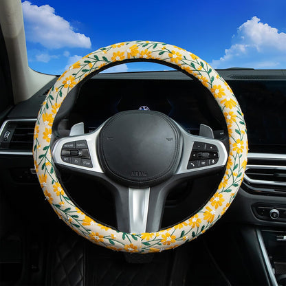 Embroidered Flowers Cute Yellow Daisy Steering Wheel Cover Auto Anti-Slip Breathable Rubber Steering Wheel Protector,Floral Car Accessories for Women,Universal Size Fit Most Cars -15 inch