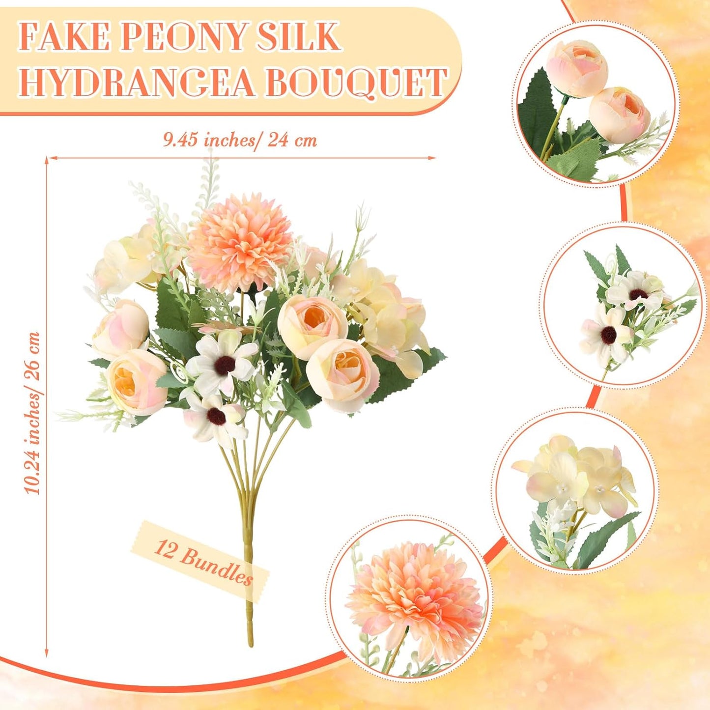 Peonies Artificial Flowers Faux Roses Silk Flowers Hydrangea Artificial Bouquet for Wedding Table Centerpiece Floral Vase Home Office Bridal Decor(Light Yellow,12 Bundles)