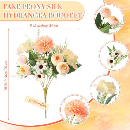 Peonies Artificial Flowers Faux Roses Silk Flowers Hydrangea Artificial Bouquet for Wedding Table Centerpiece Floral Vase Home Office Bridal Decor(Light Yellow,12 Bundles)