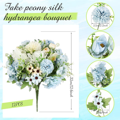 Peonies Artificial Flowers Faux Roses Silk Flowers Hydrangea Artificial Bouquet for Wedding Table Centerpiece Floral Vase Home Office Bridal Decor(Light Yellow,12 Bundles)