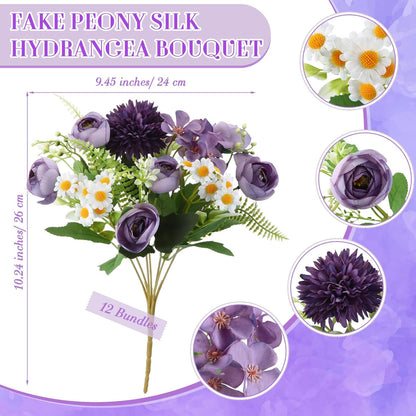 Peonies Artificial Flowers Faux Roses Silk Flowers Hydrangea Artificial Bouquet for Wedding Table Centerpiece Floral Vase Home Office Bridal Decor(Light Yellow,12 Bundles)