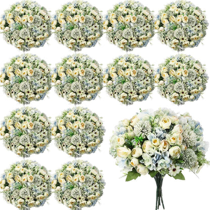 Peonies Artificial Flowers Faux Roses Silk Flowers Hydrangea Artificial Bouquet for Wedding Table Centerpiece Floral Vase Home Office Bridal Decor(Light Yellow,12 Bundles)