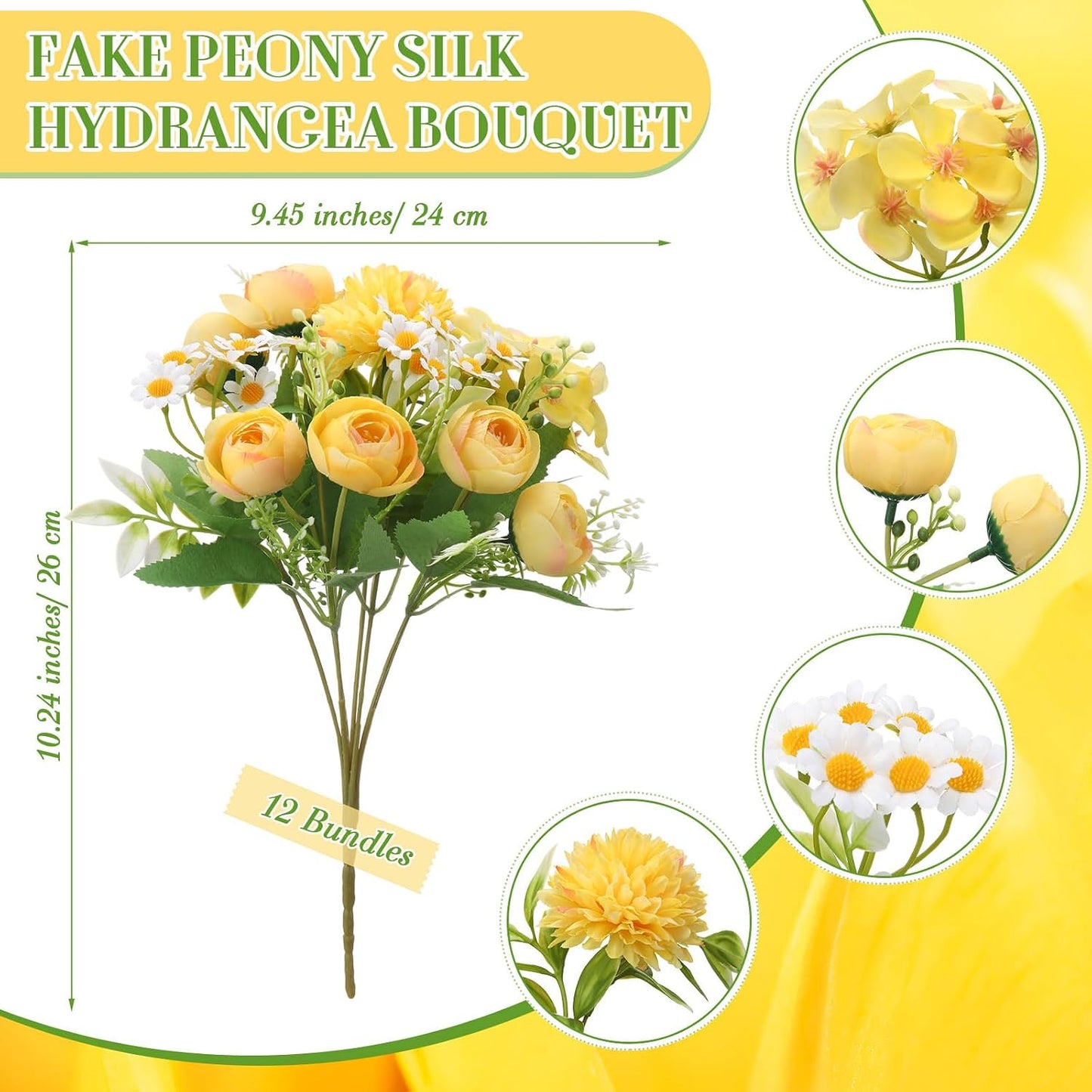 Peonies Artificial Flowers Faux Roses Silk Flowers Hydrangea Artificial Bouquet for Wedding Table Centerpiece Floral Vase Home Office Bridal Decor(Light Yellow,12 Bundles)