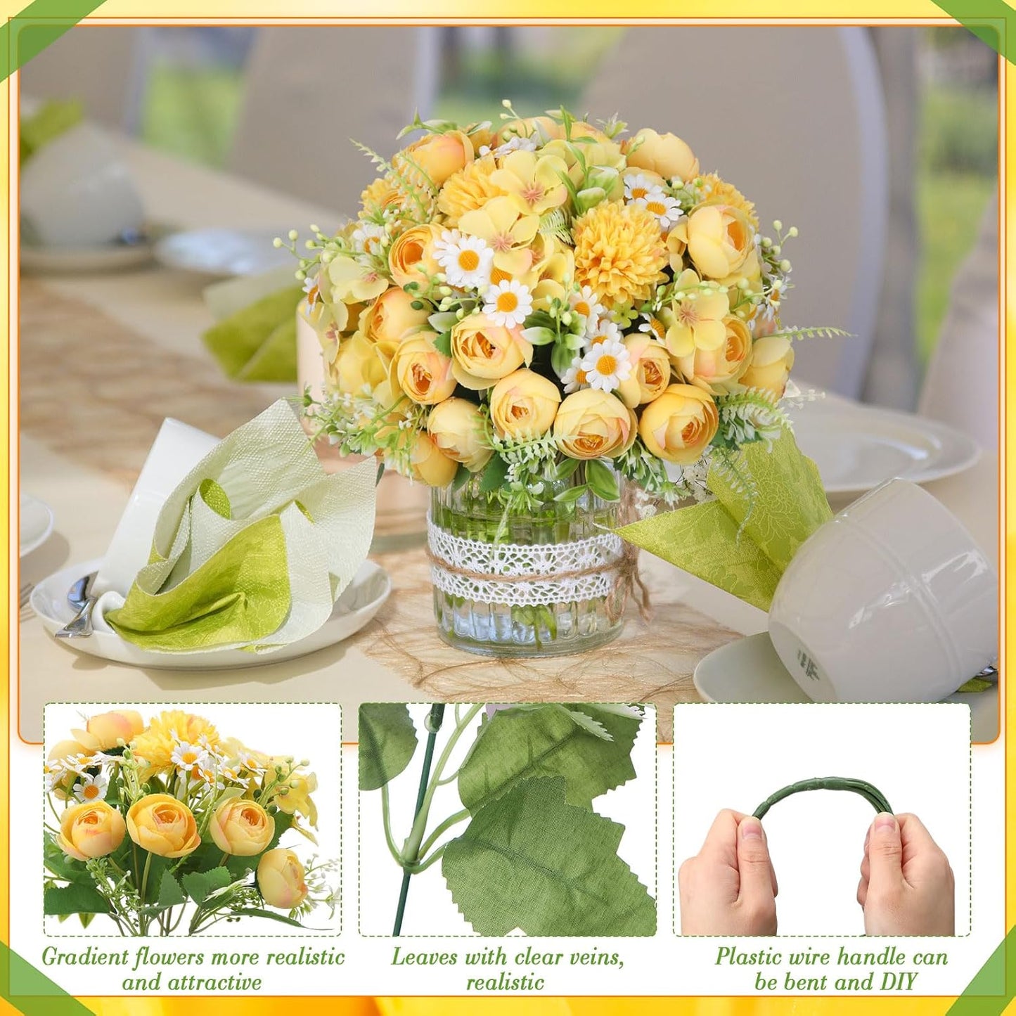 Peonies Artificial Flowers Faux Roses Silk Flowers Hydrangea Artificial Bouquet for Wedding Table Centerpiece Floral Vase Home Office Bridal Decor(Light Yellow,12 Bundles)